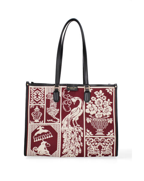 Burgundy Embroidered Tote with Ornate Design