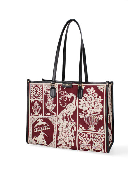 Burgundy Embroidered Tote with Ornate Design