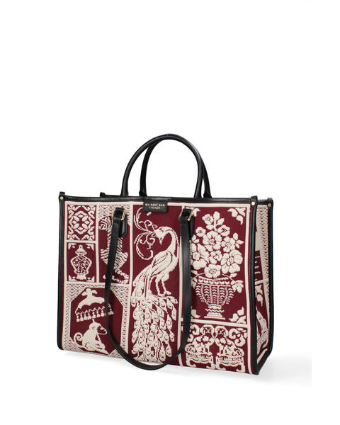 Burgundy Embroidered Tote with Ornate Design