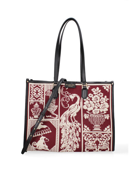 Burgundy Embroidered Tote with Ornate Design