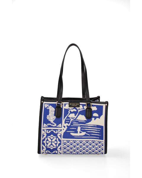 Blue Geometric Knit Tote with Black Handles