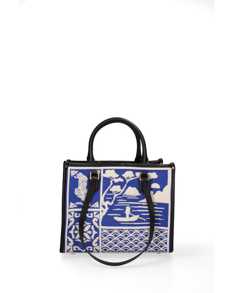 Blue Geometric Knit Tote with Black Handles
