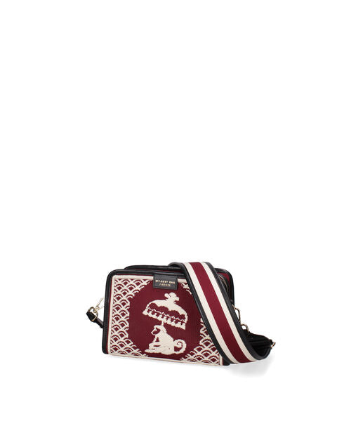 Red Embroidered Crossbody Bag with Geometric Pattern
