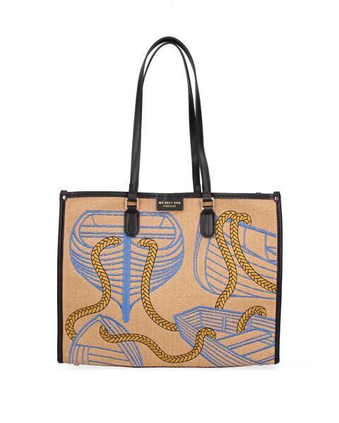 Tan Canvas Tote with Nautical Print and Long Handles