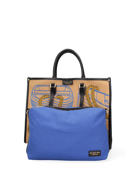 Tan Canvas Tote with Nautical Print and Long Handles