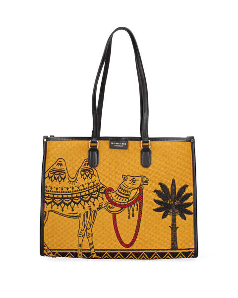 Yellow Woven Tote Bag with Camel Design