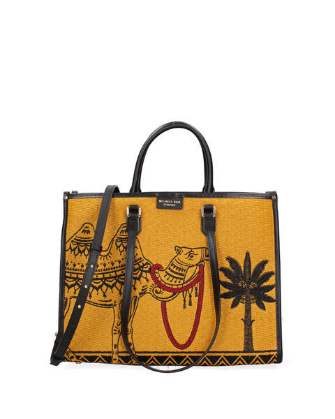 Yellow Woven Tote Bag with Camel Design