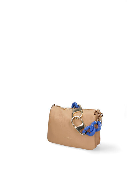 Beige Textured Crossbody Bag with Blue Chain Detail