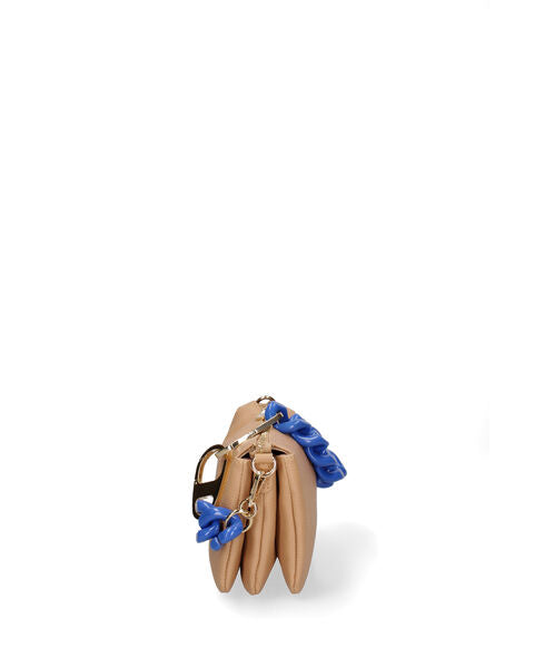 Beige Textured Crossbody Bag with Blue Chain Detail