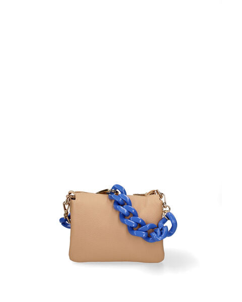 Beige Textured Crossbody Bag with Blue Chain Detail