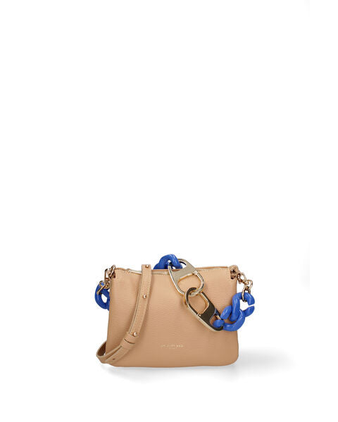 Beige Textured Crossbody Bag with Blue Chain Detail