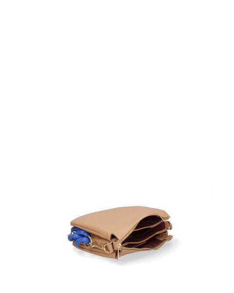 Beige Textured Crossbody Bag with Blue Chain Detail