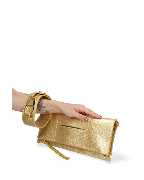 Gold Textured Clutch with Wide Strap