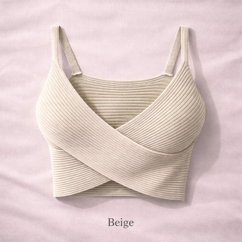 Beige Ribbed Crop Top with Crisscross Design