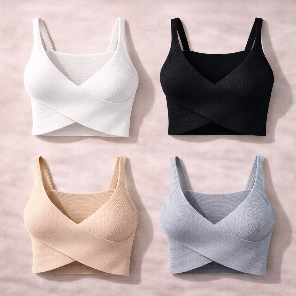 Pink Ribbed Knit Crop Top with Crossover Front