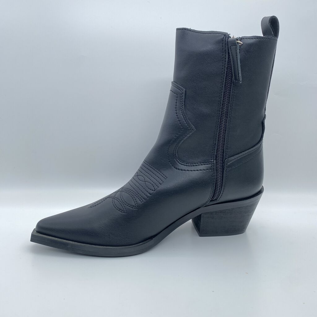 Black Western Style Ankle Boot with Block Heel