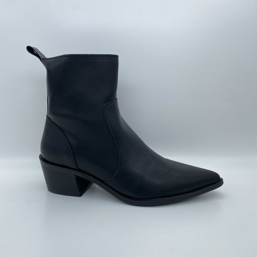 Black Leather Ankle Boot with Block Heel