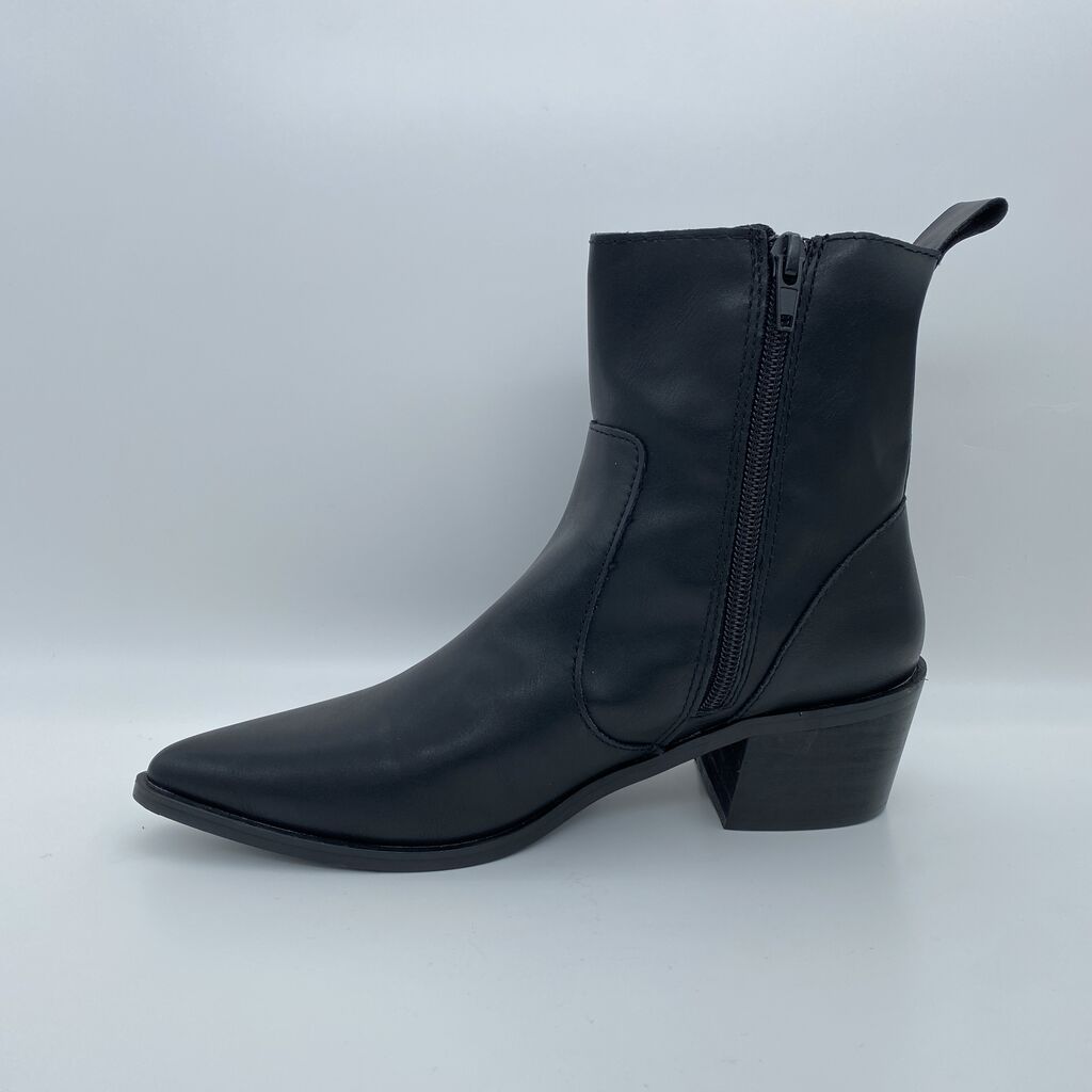 Black Leather Ankle Boot with Block Heel