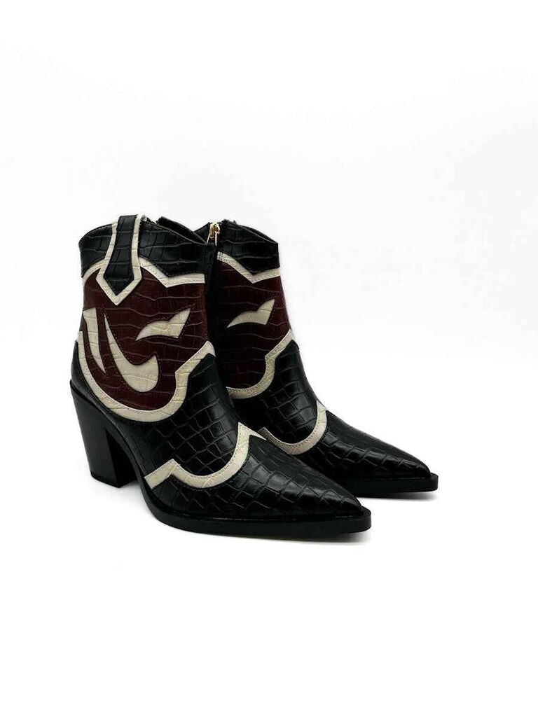 Black Embossed Ankle Boots with Heel and Abstract Design