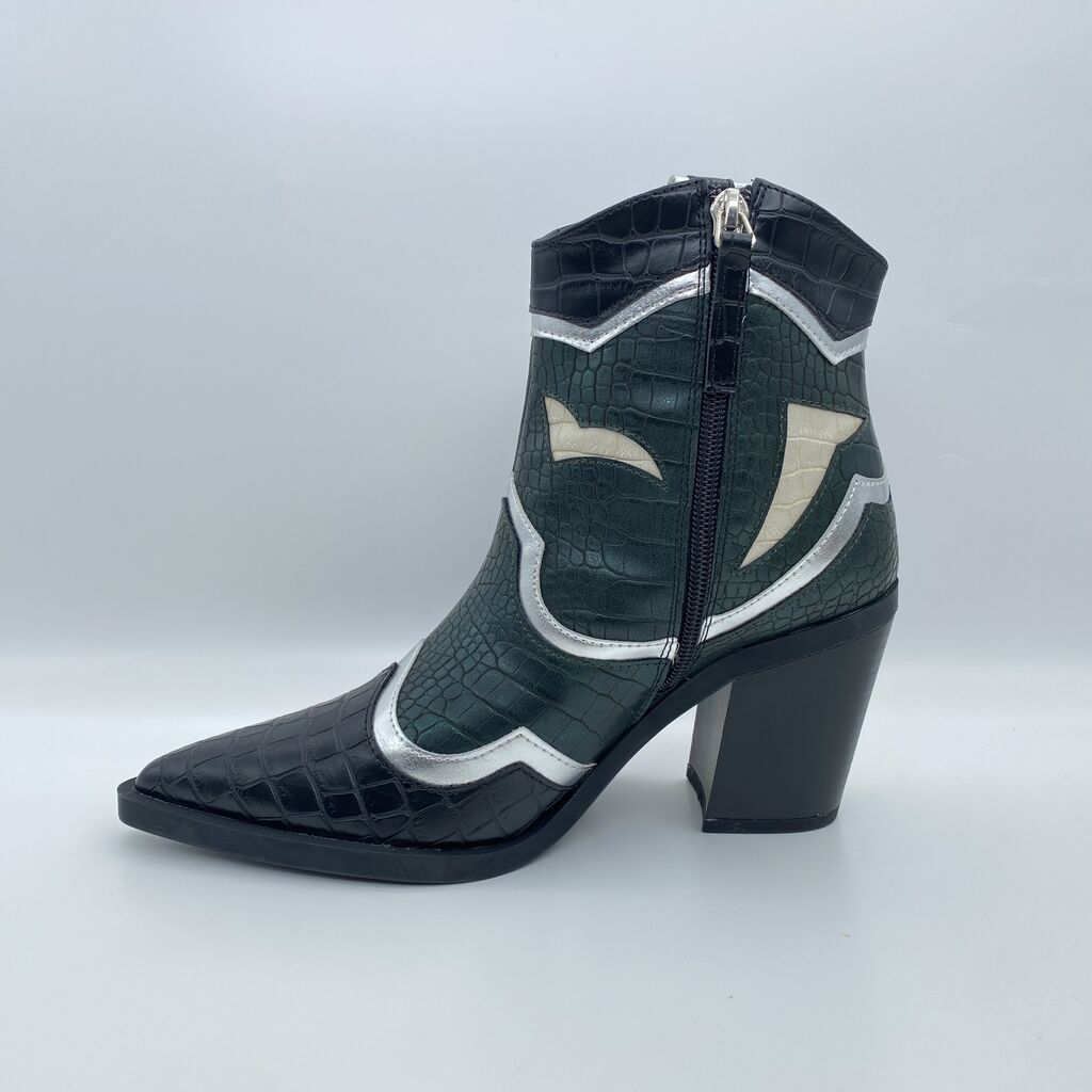 Green Embossed Ankle Boot with Silver Accents