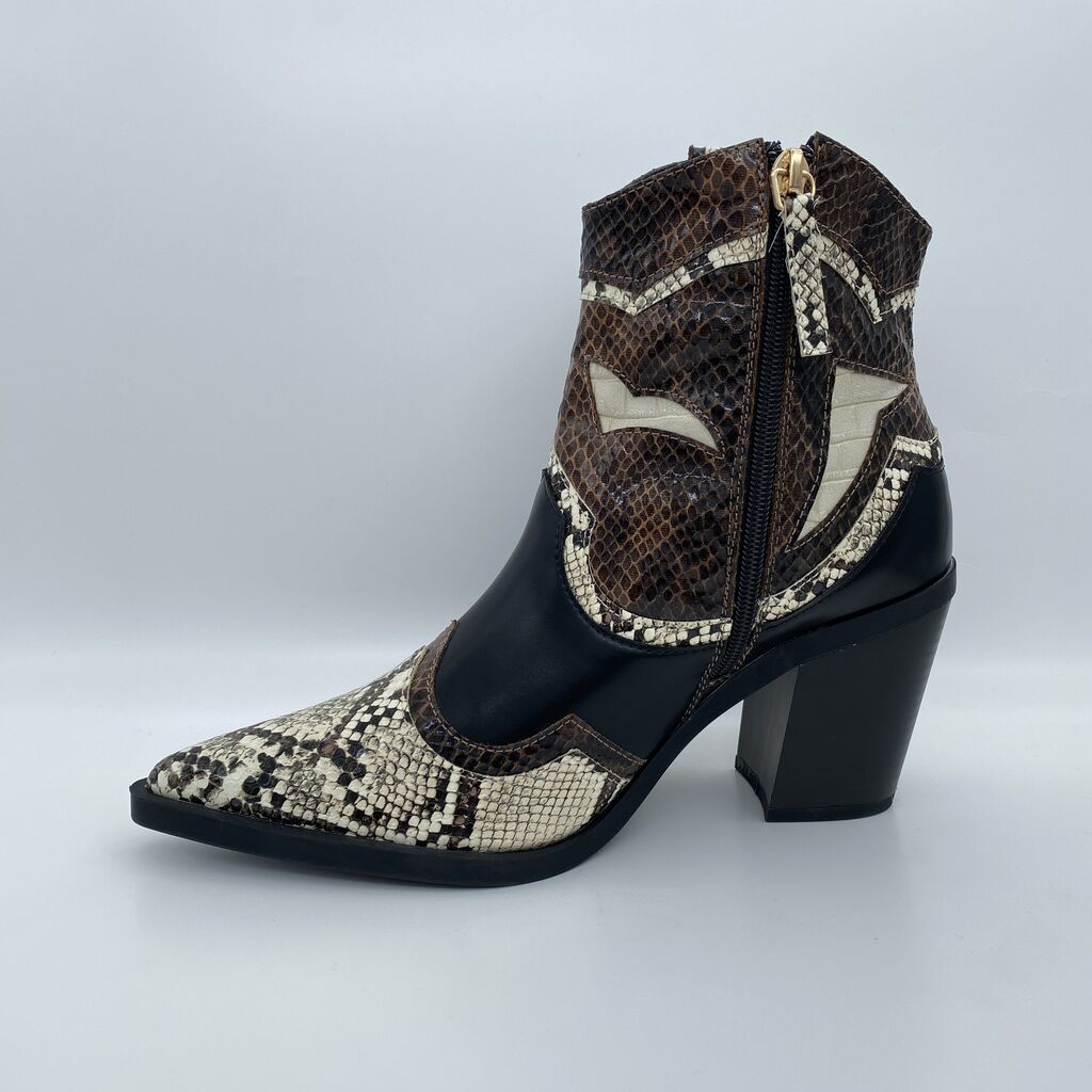Brown Snake Print Ankle Boot with Block Heel