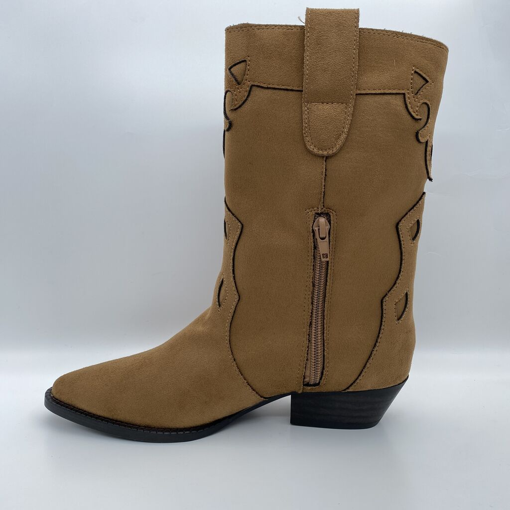Tan Western-Inspired Embellished Mid-Calf Boots