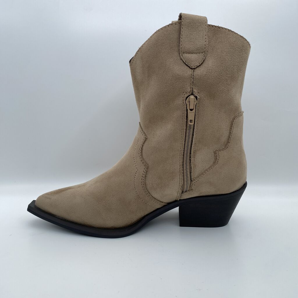 Taupe Suede Western Ankle Boot with Low Heel