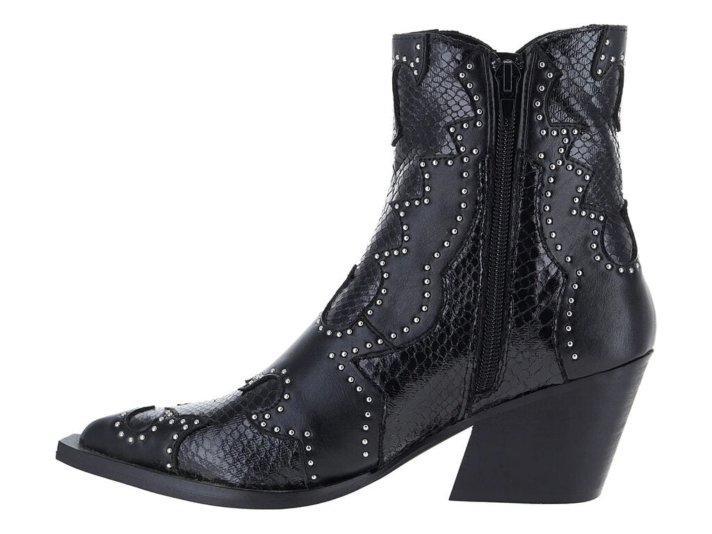 Black Embossed Ankle Boots with Studded Detail