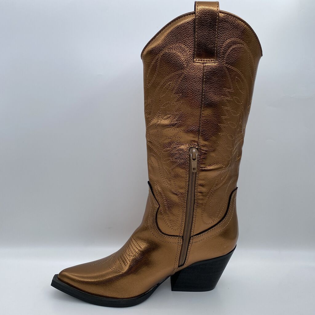 Bronze Metallic Cowboy Boot with Embroidered Detail
