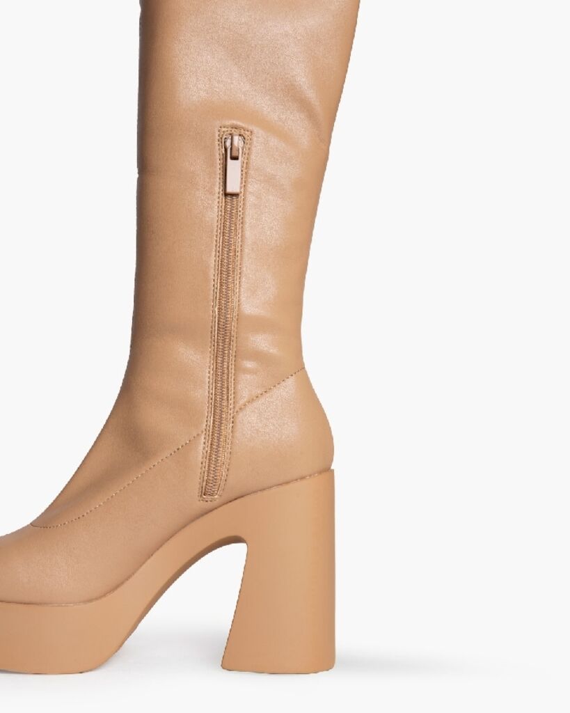 Tan Leather Knee-High Platform Boots