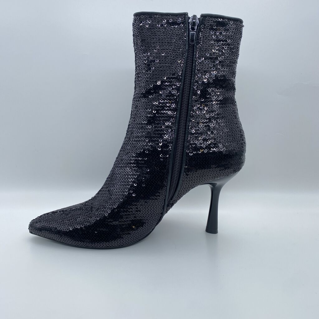Black Sequin Stiletto Ankle Boot with Pointed Toe
