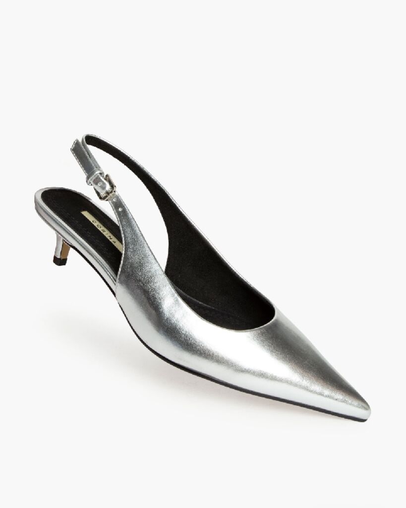 Silver Metallic Slingback Kitten Heel Shoes