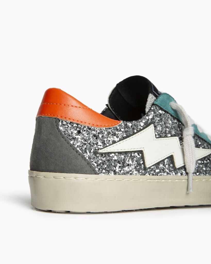 Silver Glitter Low-Top Sneakers with Lightning Bolt