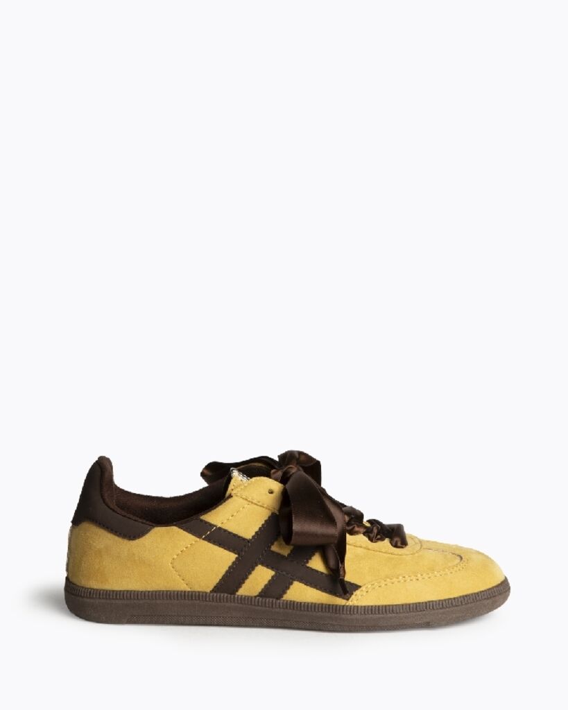 Yellow Suede Sneakers with Brown Satin Laces