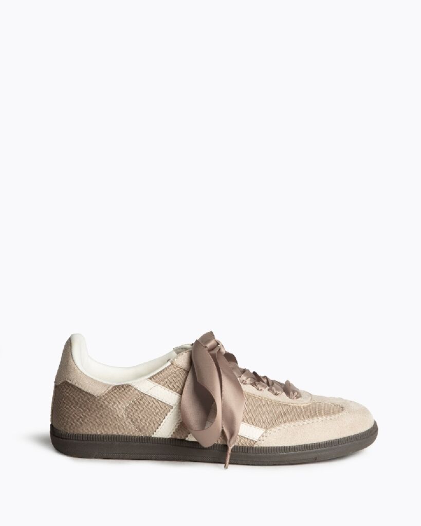 Taupe Knit Sneakers with Satin Ribbon Detail