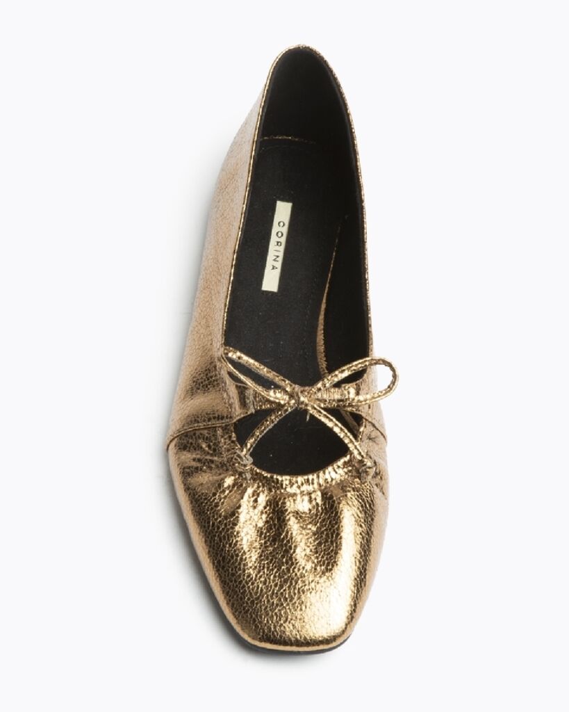 Gold Metallic Ballet Flats with Bow Detail
