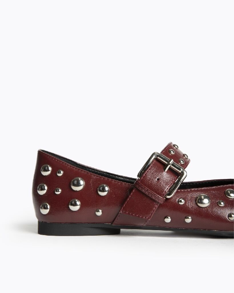 Burgundy Studded Leather Flats with Buckle Strap