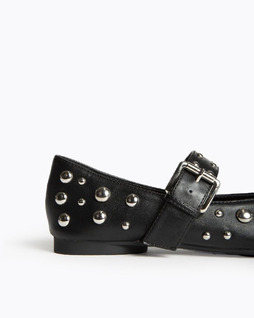 Black Studded Mary Jane Flats with Buckle Strap