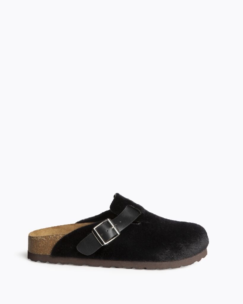 Black Furry Clogs with Adjustable Strap