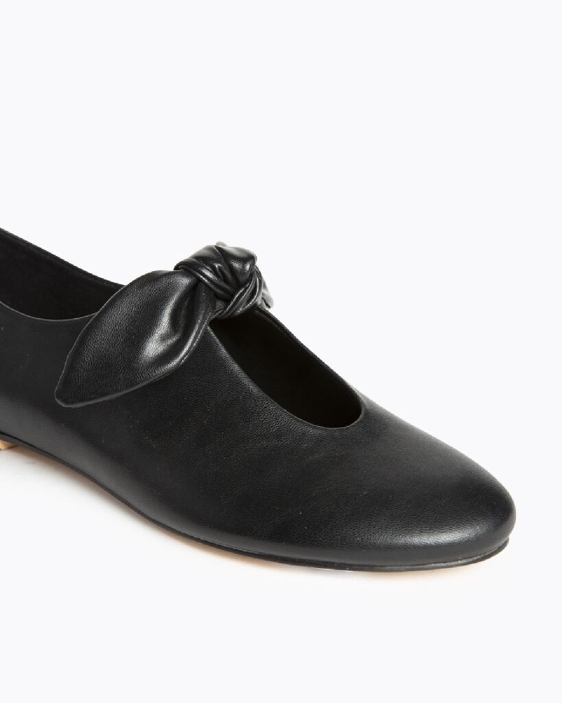 Black Leather Flats with Bow Detail