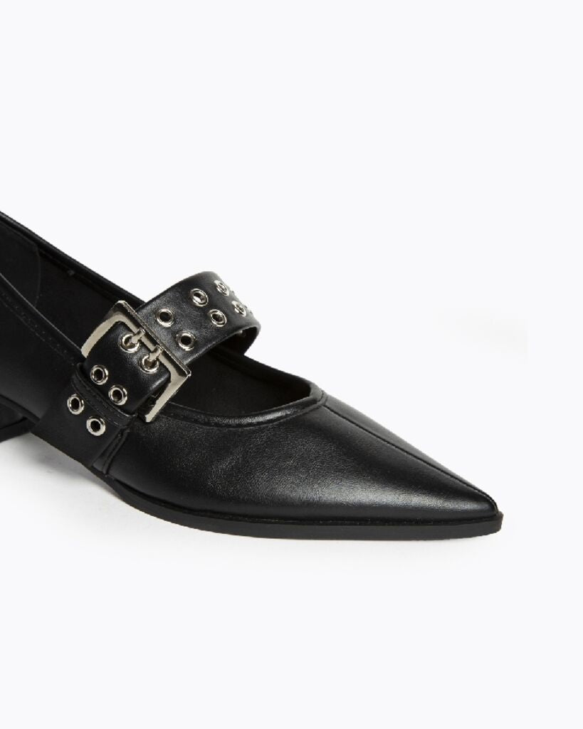 Black Textured Slingback Shoes with Buckle Detail