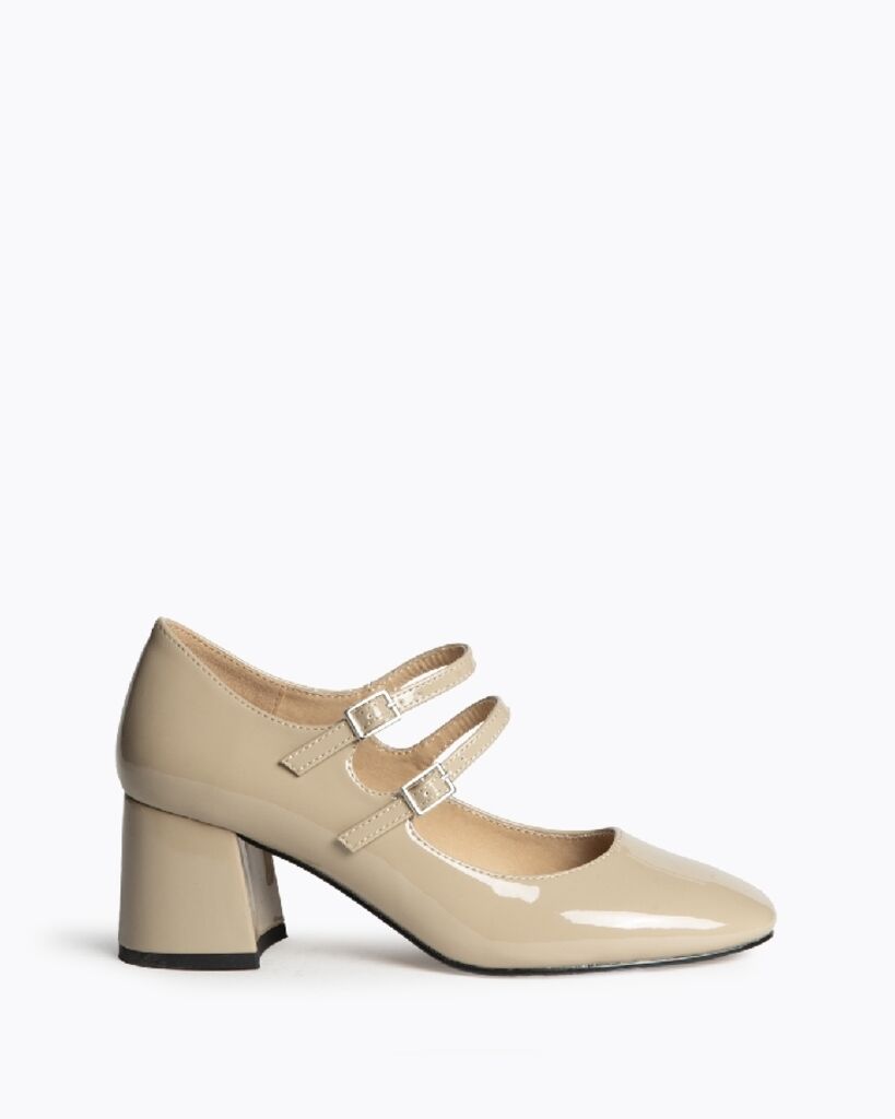 Beige Patent Mary Jane Block Heel