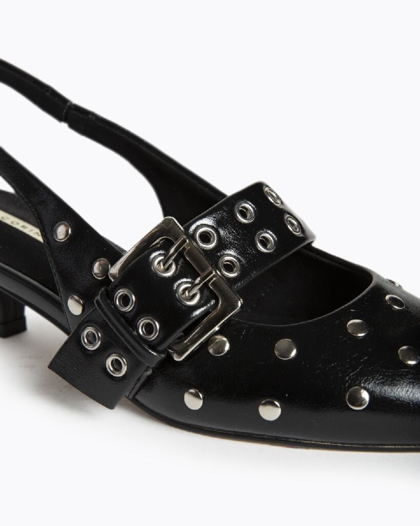 Black Studded Leather Slingback Pumps