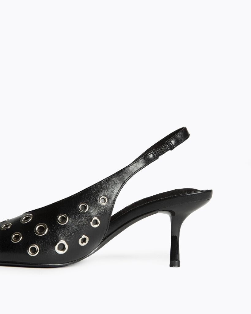 Black Leather Slingback Heels with Metallic Accents