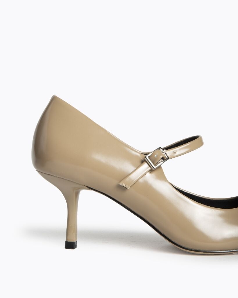 Beige Patent Mary Jane Heels with Buckle Strap