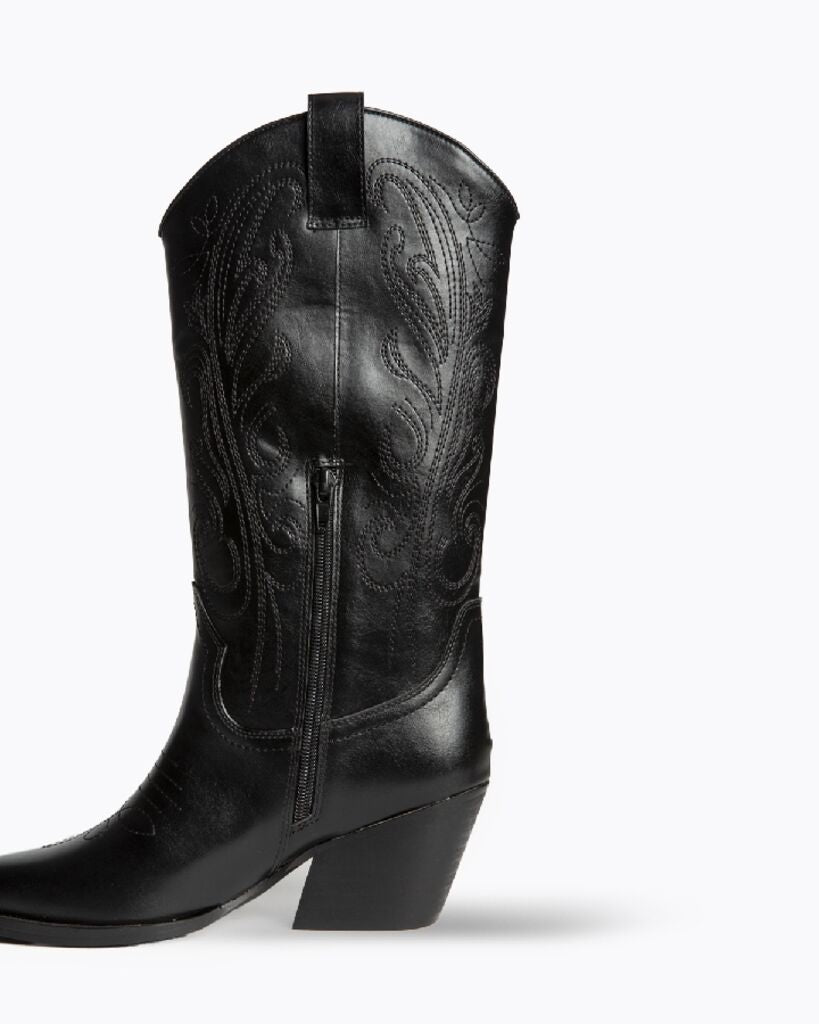 Black Textured Cowboy Boots with Embroidered Details