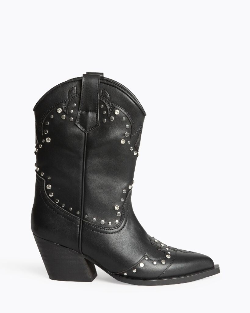 Black Studded Western Ankle Boots with Block Heel