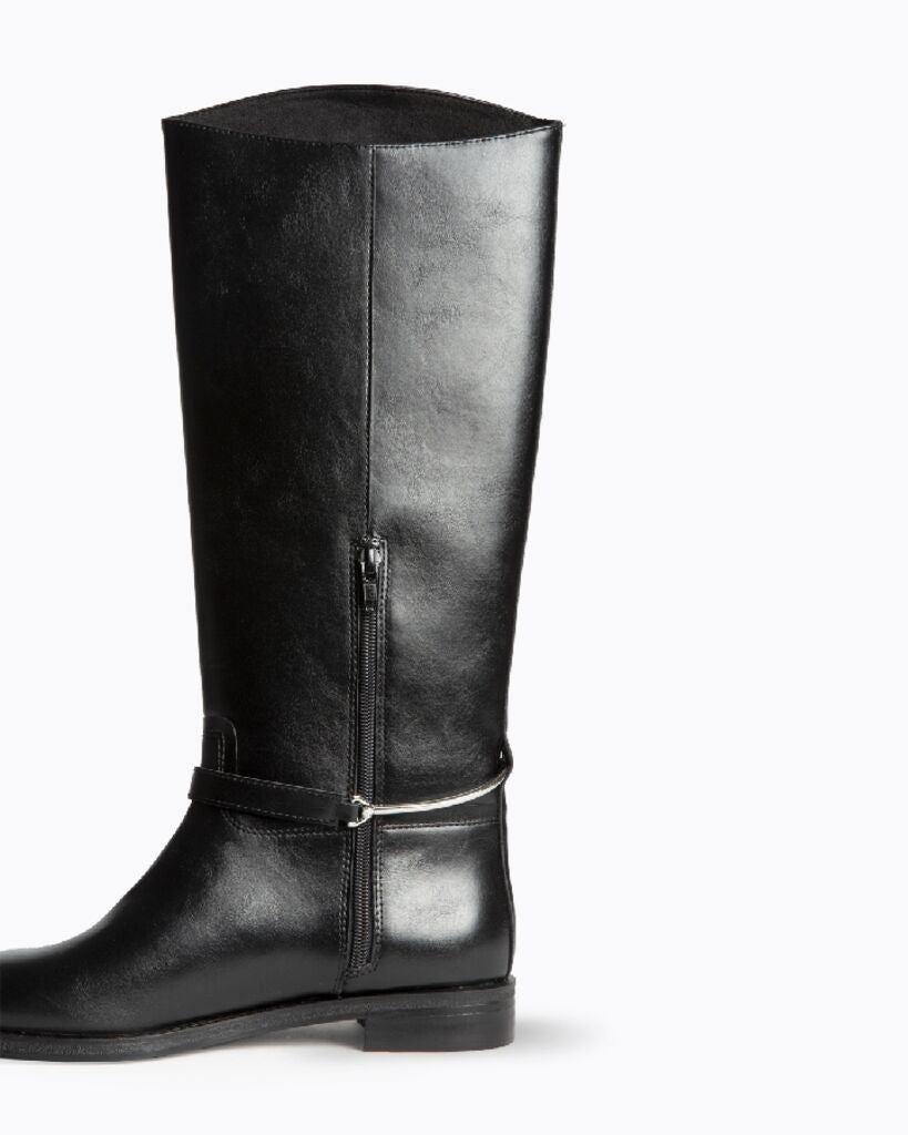 Black Leather Tall Riding Boot with Strap Detail