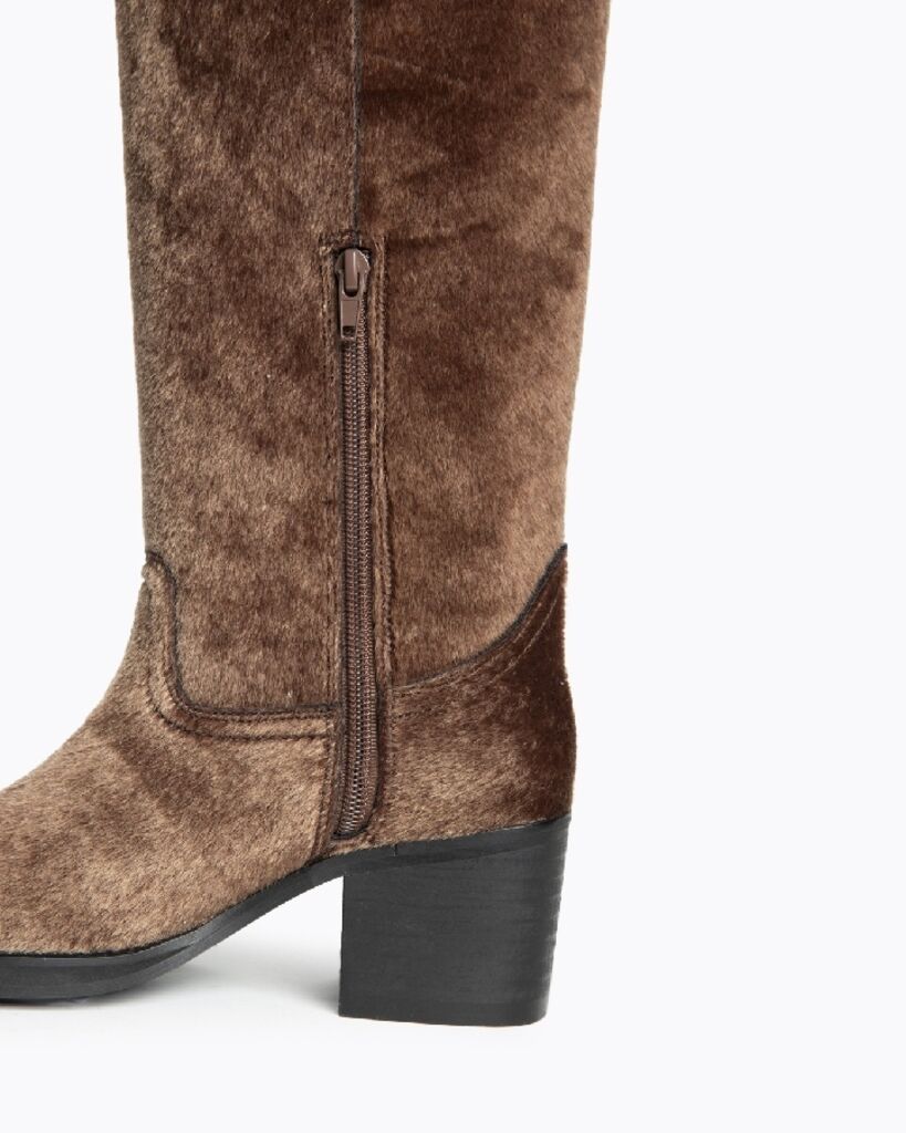 Brown Textured Tall Boots with Stacked Heel