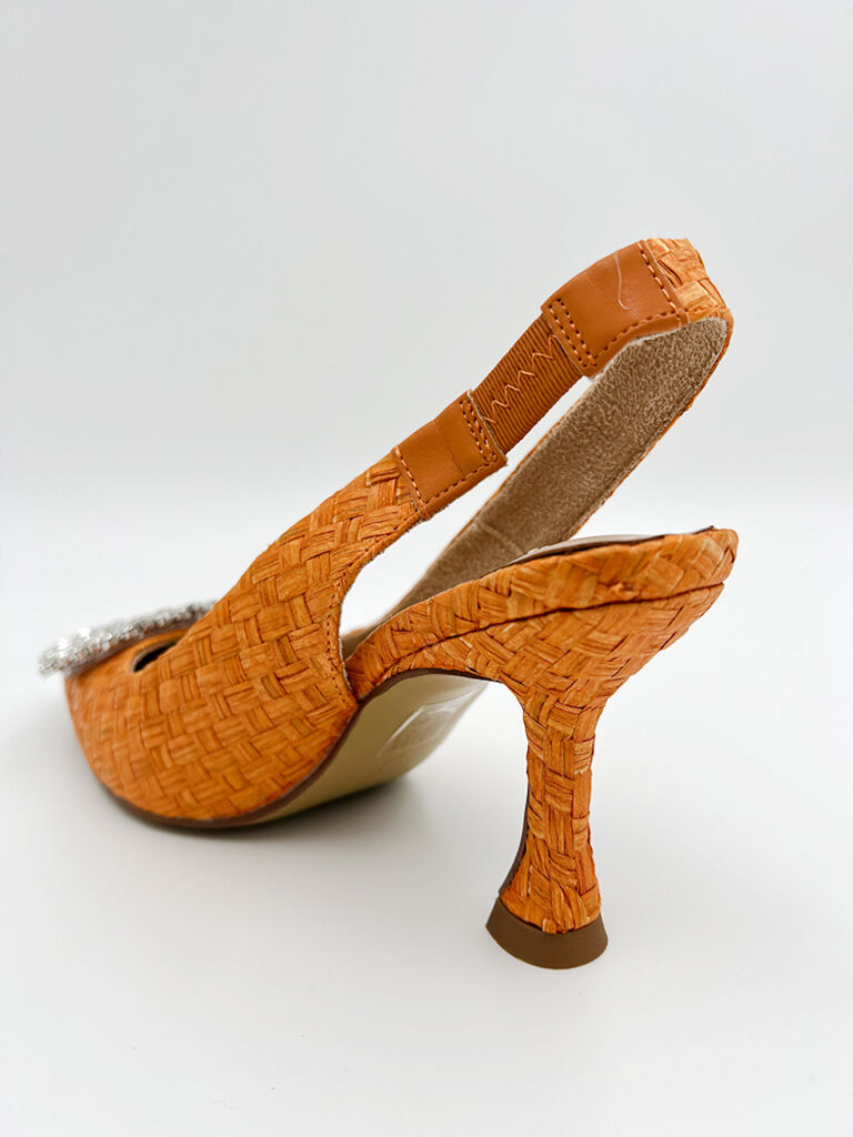 Orange Woven Slingback Heels with Rhinestone Embellishment
